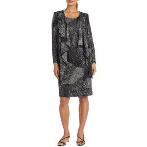 R&M Richards Size 8 Gray Black 2 PC Knee-Length Dress Jacket Set Long Sleeve NWT